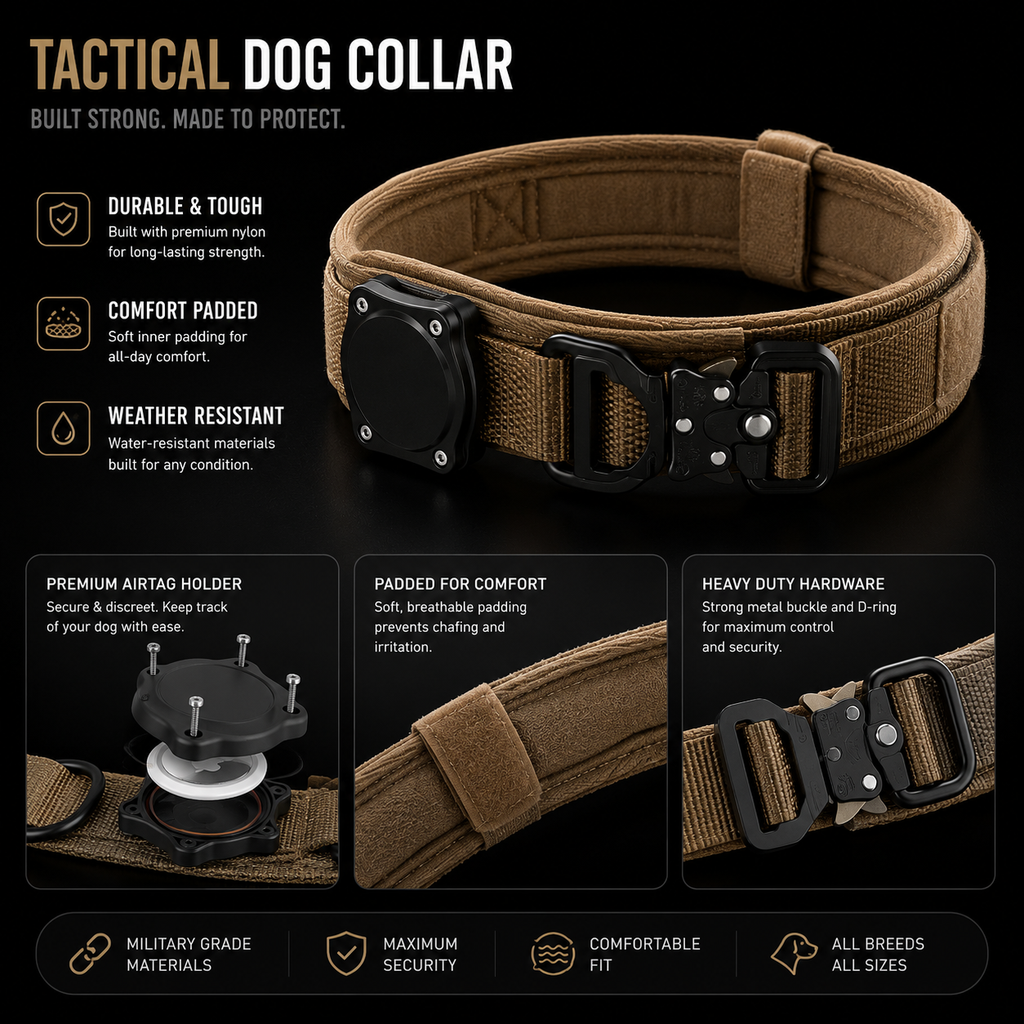 Waterproof dog Collar with Control Handle, Alloy Buckle And AirTag Case.