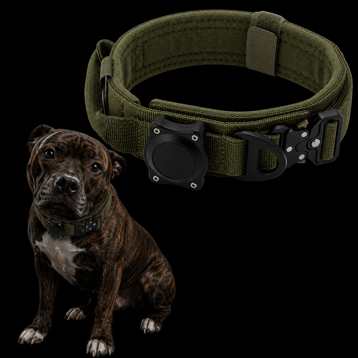 Waterproof dog Collar with Control Handle, Alloy Buckle And AirTag Case.